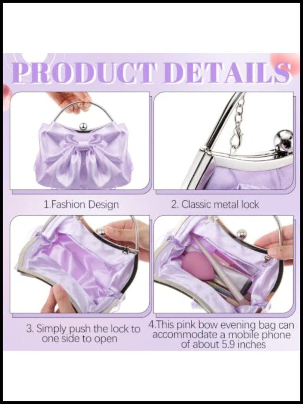 Satin Bow Clutch Purse with Kiss Lock Closure and Chain Strap - Picture 3 of 6